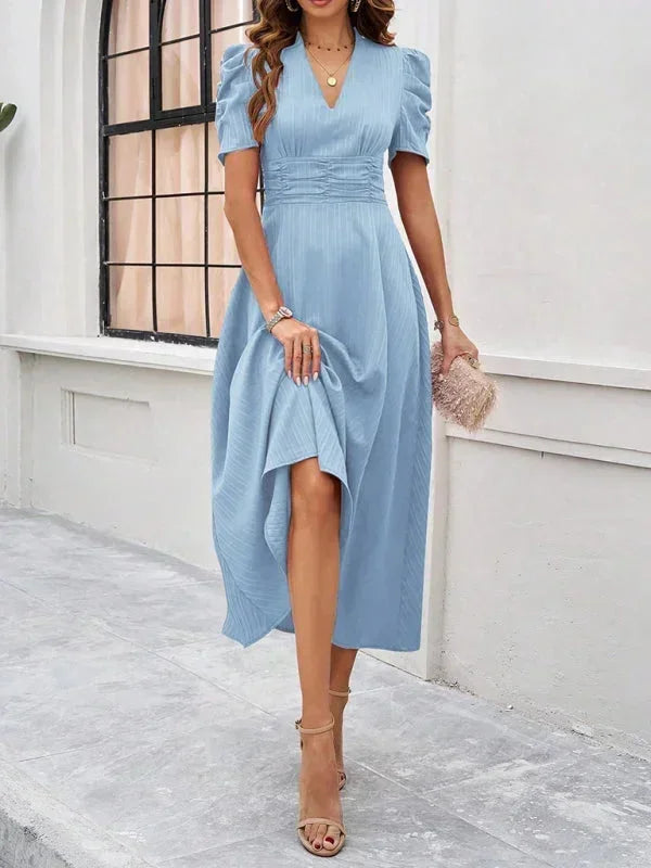 Abito midi donna scollo a V e maniche a sbuffo