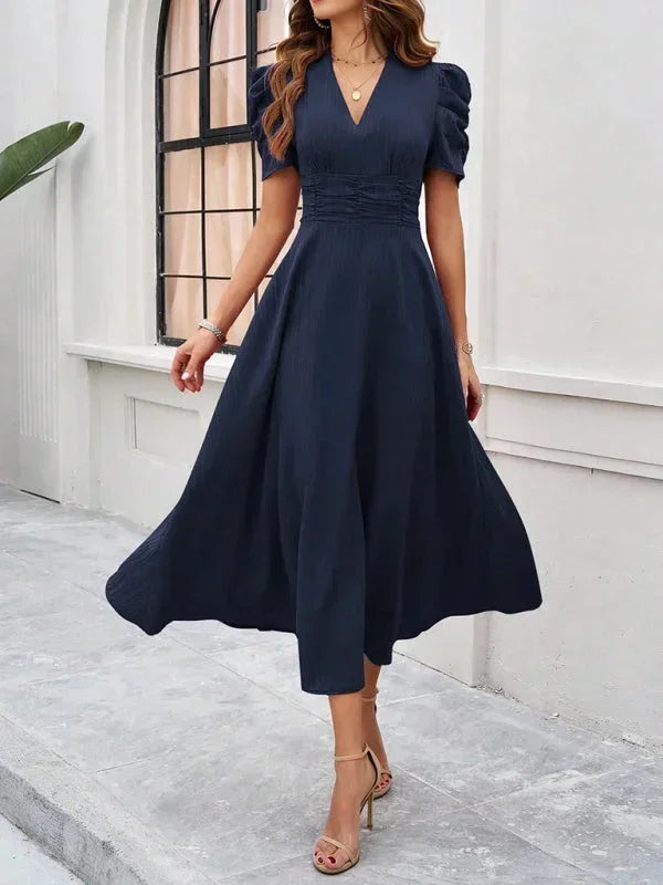 Abito midi donna scollo a V e maniche a sbuffo