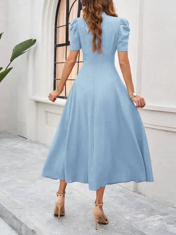 Abito midi donna scollo a V e maniche a sbuffo