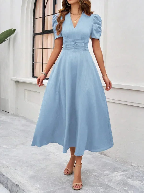 Abito midi donna scollo a V e maniche a sbuffo