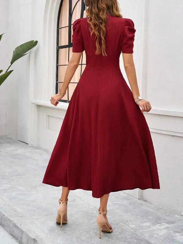 Abito midi donna scollo a V e maniche a sbuffo