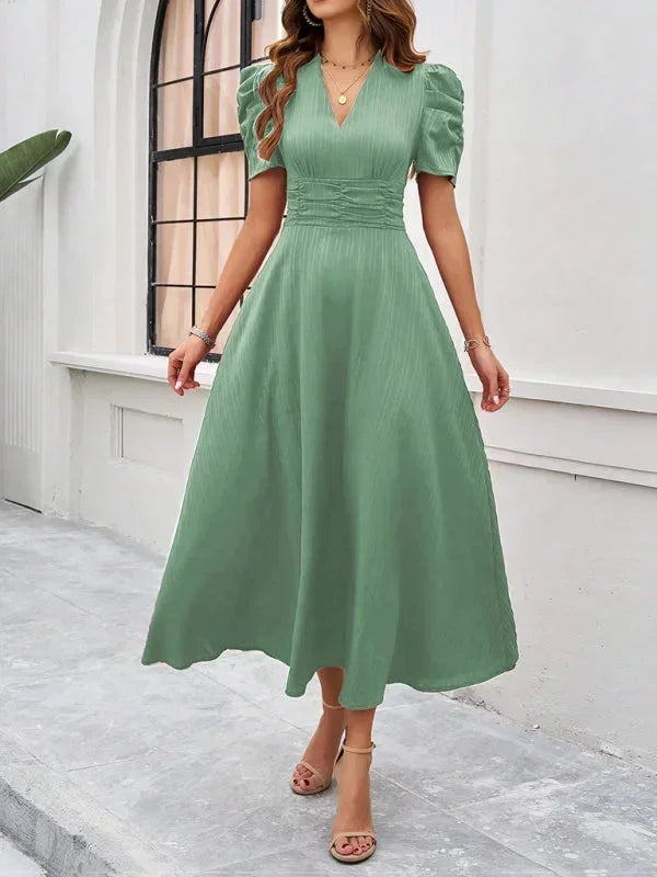 Abito midi donna scollo a V e maniche a sbuffo