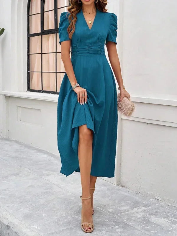 Abito midi donna scollo a V e maniche a sbuffo