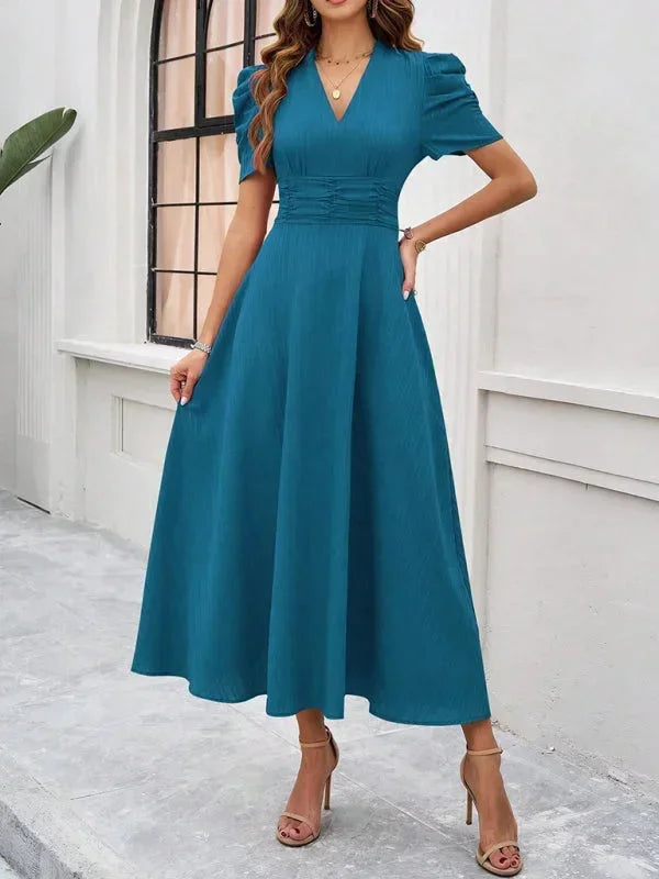 Abito midi donna scollo a V e maniche a sbuffo