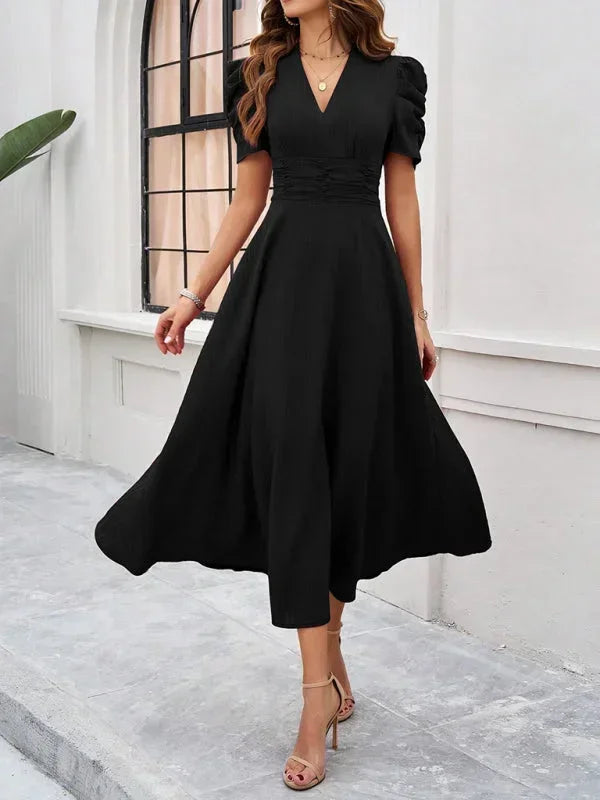 Abito midi donna scollo a V e maniche a sbuffo