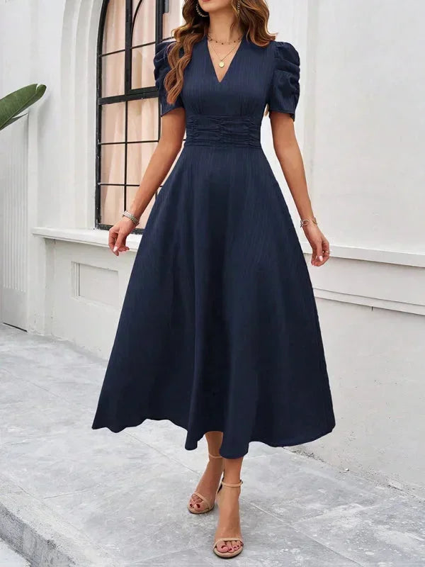 Abito midi donna scollo a V e maniche a sbuffo