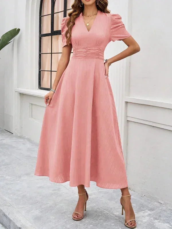 Abito midi donna scollo a V e maniche a sbuffo