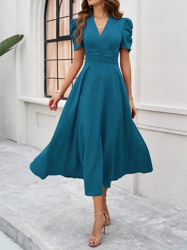 Abito midi donna scollo a V e maniche a sbuffo