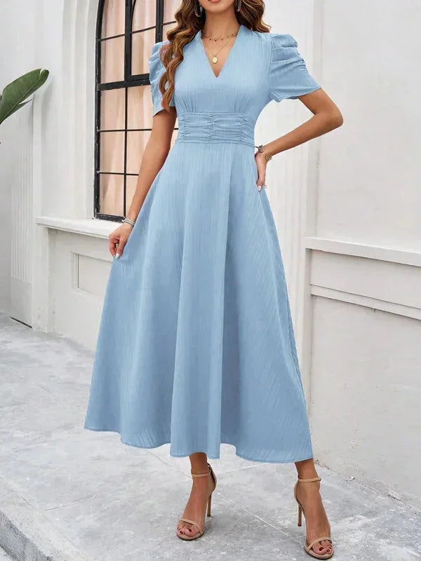 Abito midi donna scollo a V e maniche a sbuffo