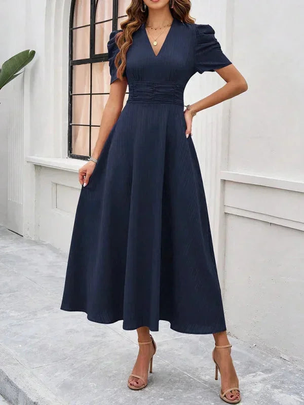 Abito midi donna scollo a V e maniche a sbuffo