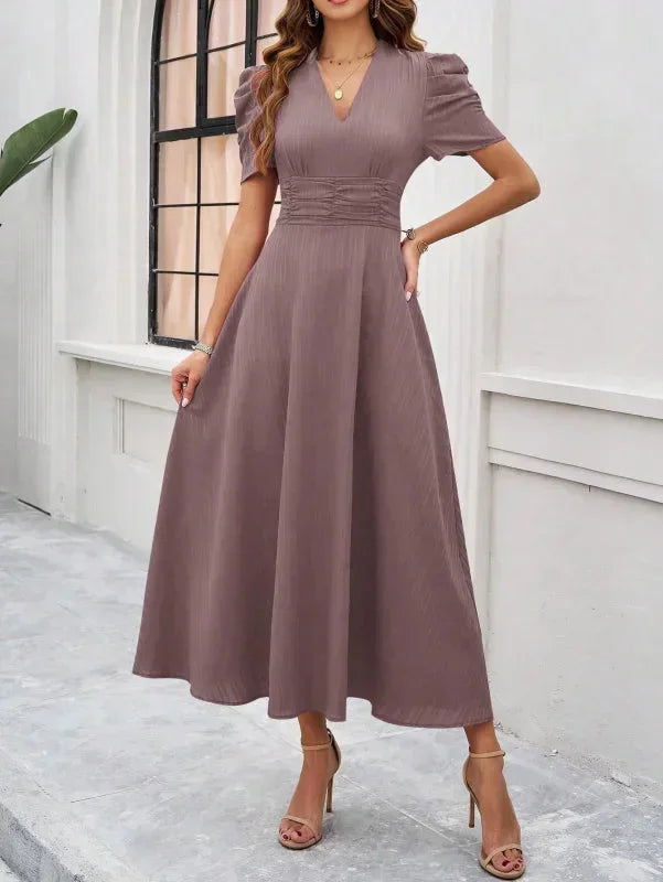 Abito midi donna scollo a V e maniche a sbuffo