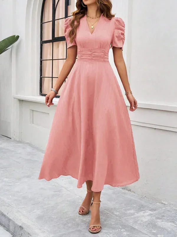 Abito midi donna scollo a V e maniche a sbuffo