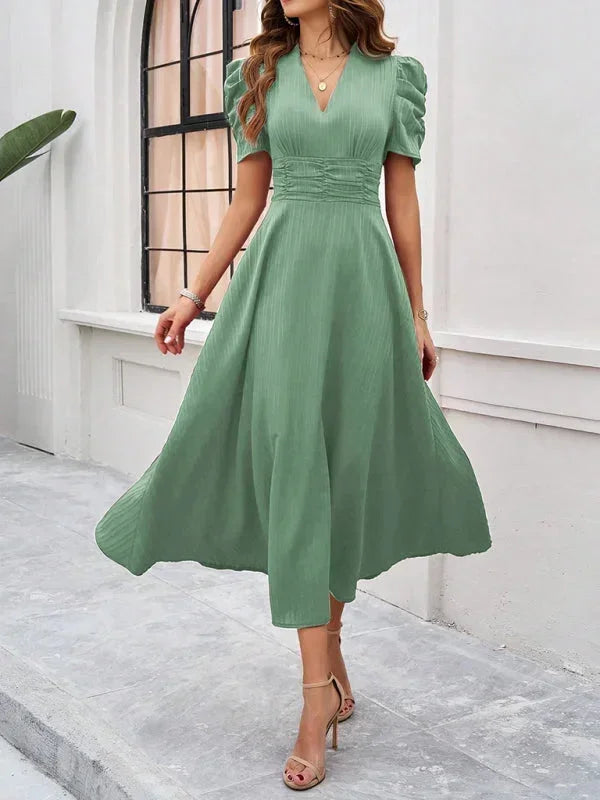 Abito midi donna scollo a V e maniche a sbuffo