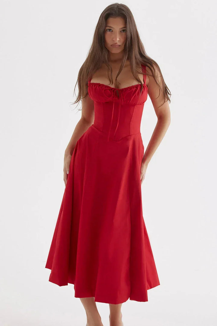 Abito midi donna con corpetto arricciato
