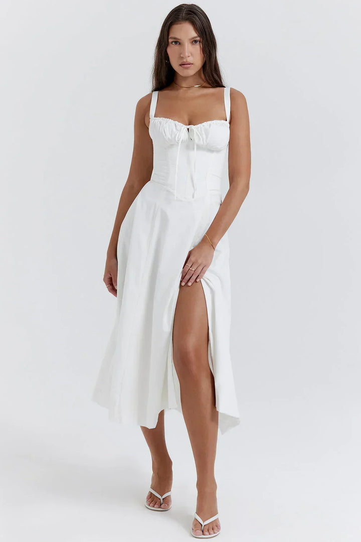 Abito midi donna con corpetto arricciato