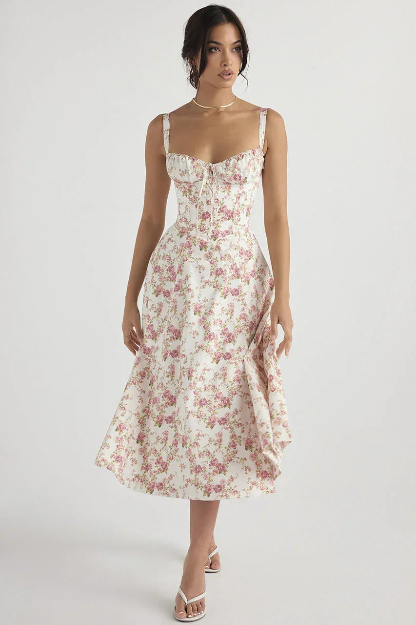 Abito midi donna con corpetto arricciato