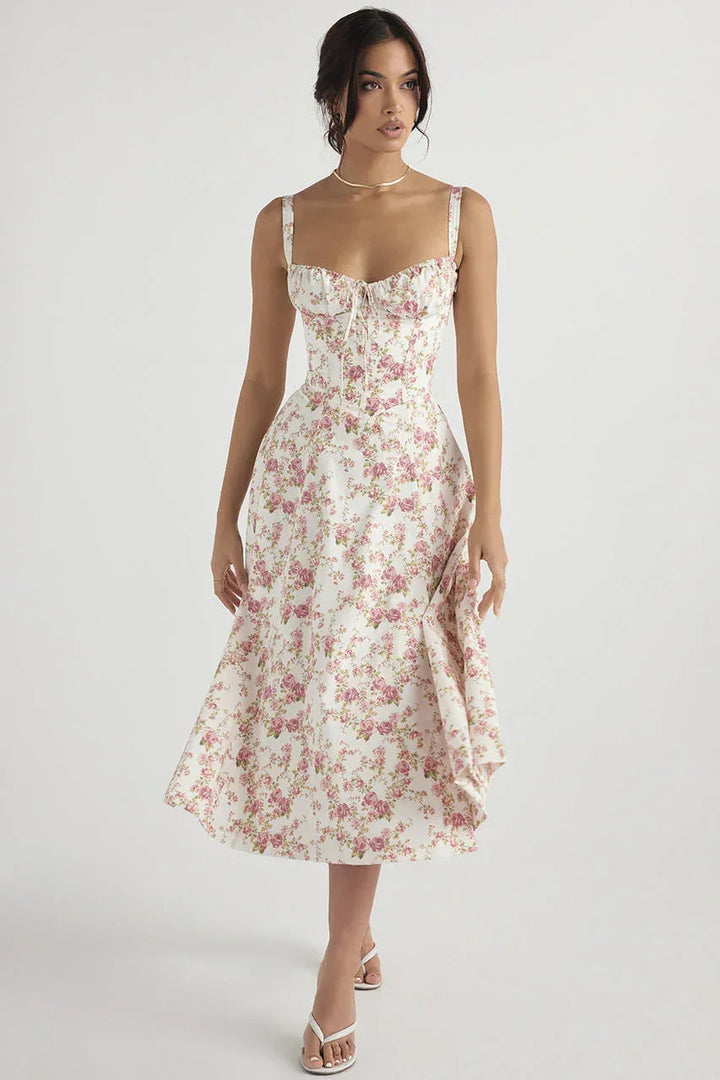 Abito midi donna con corpetto arricciato