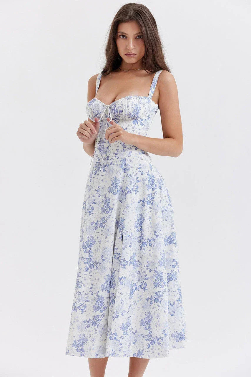 Abito midi donna con corpetto arricciato