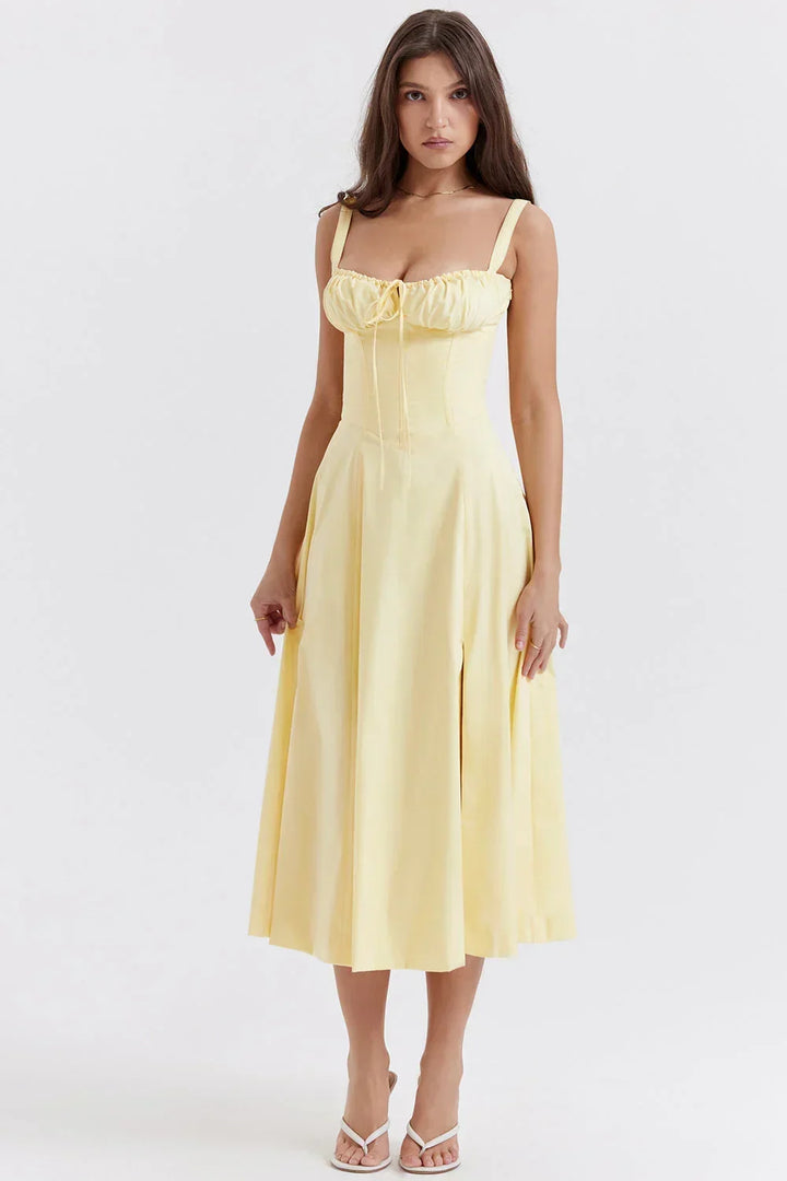Abito midi donna con corpetto arricciato