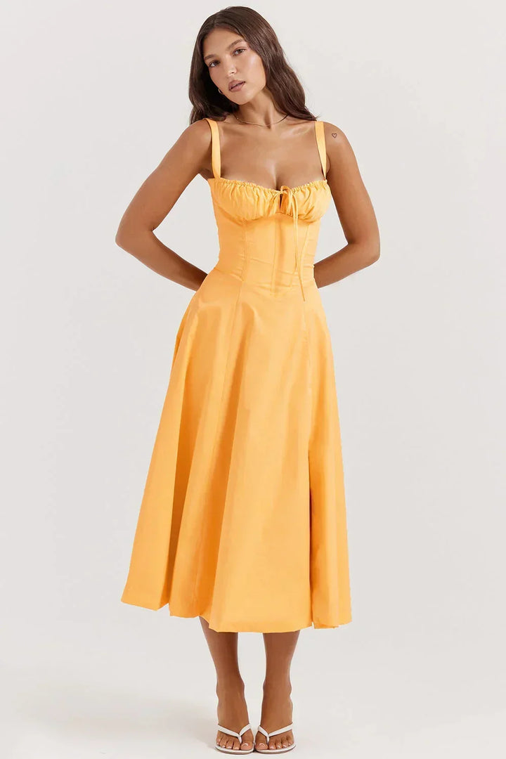 Abito midi donna con corpetto arricciato