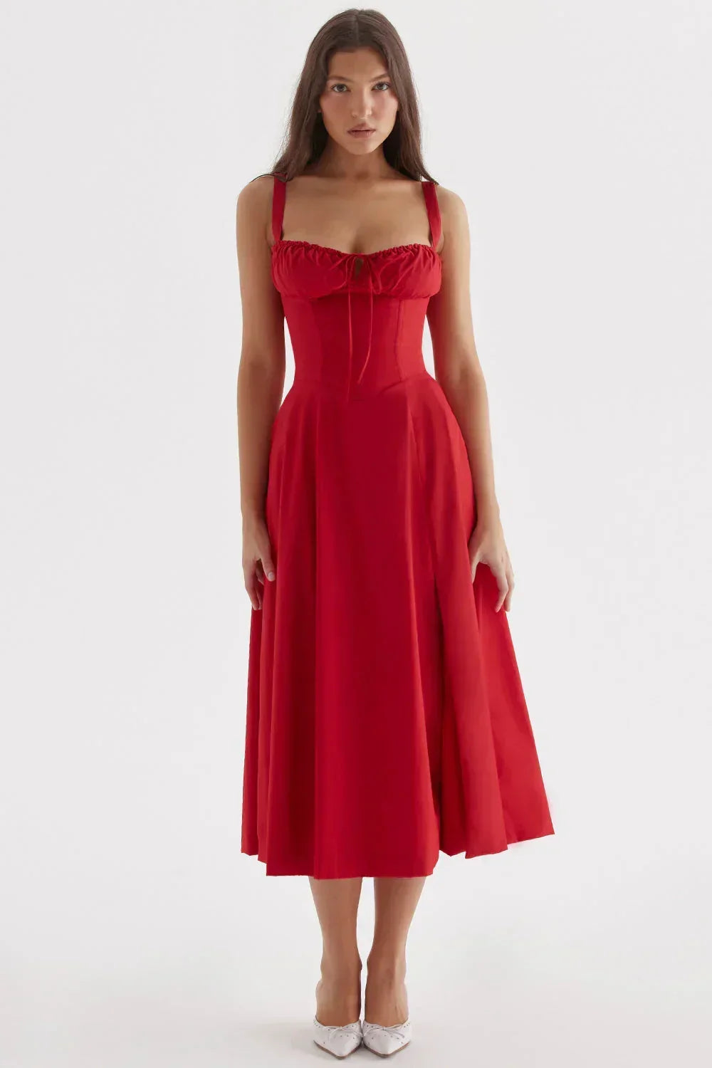 Abito midi donna con corpetto arricciato