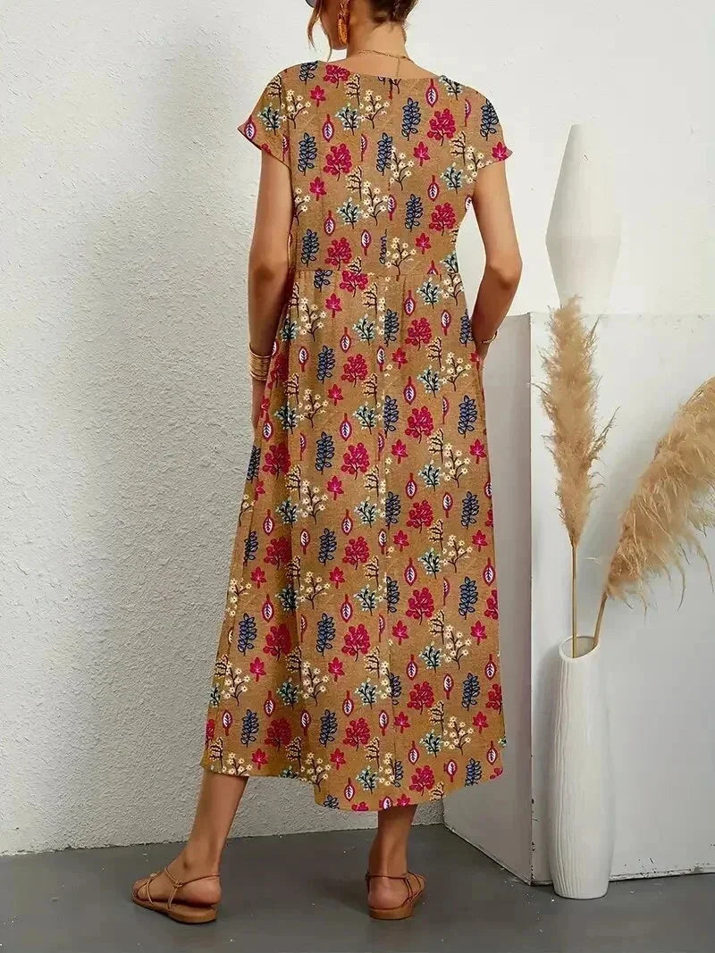 Abito midi donna in cotone con stampa floreale e tasche