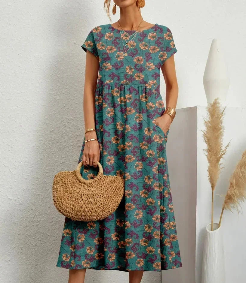 Abito midi donna in cotone con stampa floreale e tasche