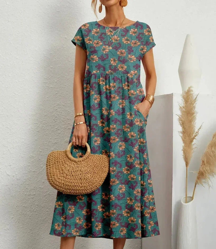 Abito midi donna in cotone con stampa floreale e tasche