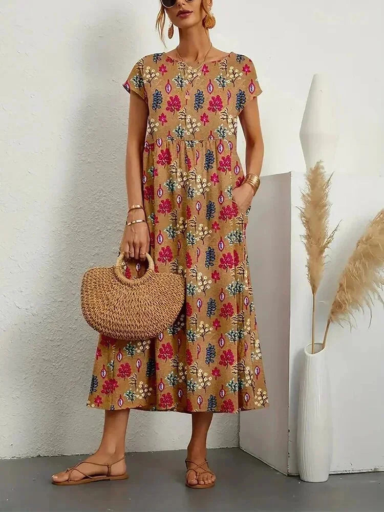 Abito midi donna in cotone con stampa floreale e tasche