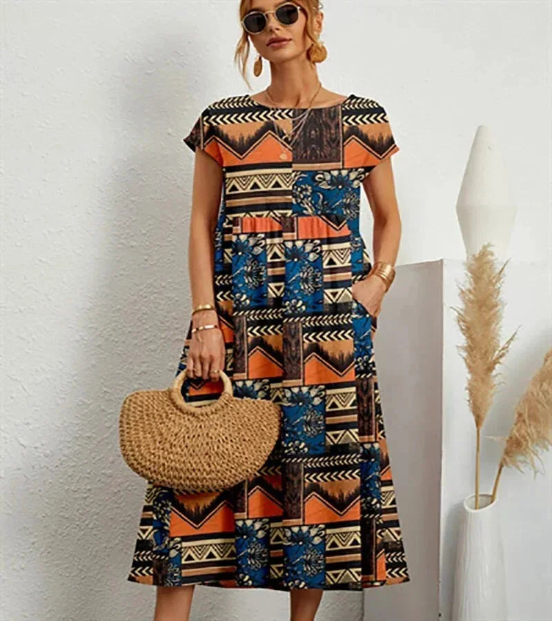 Abito midi donna in cotone con stampa floreale e tasche