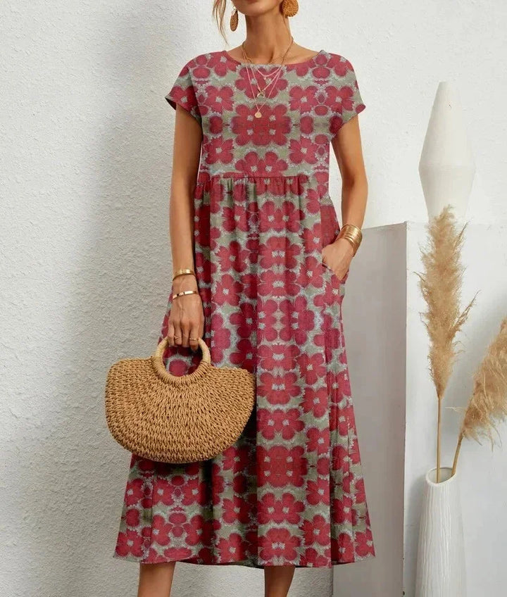 Abito midi donna in cotone con stampa floreale e tasche