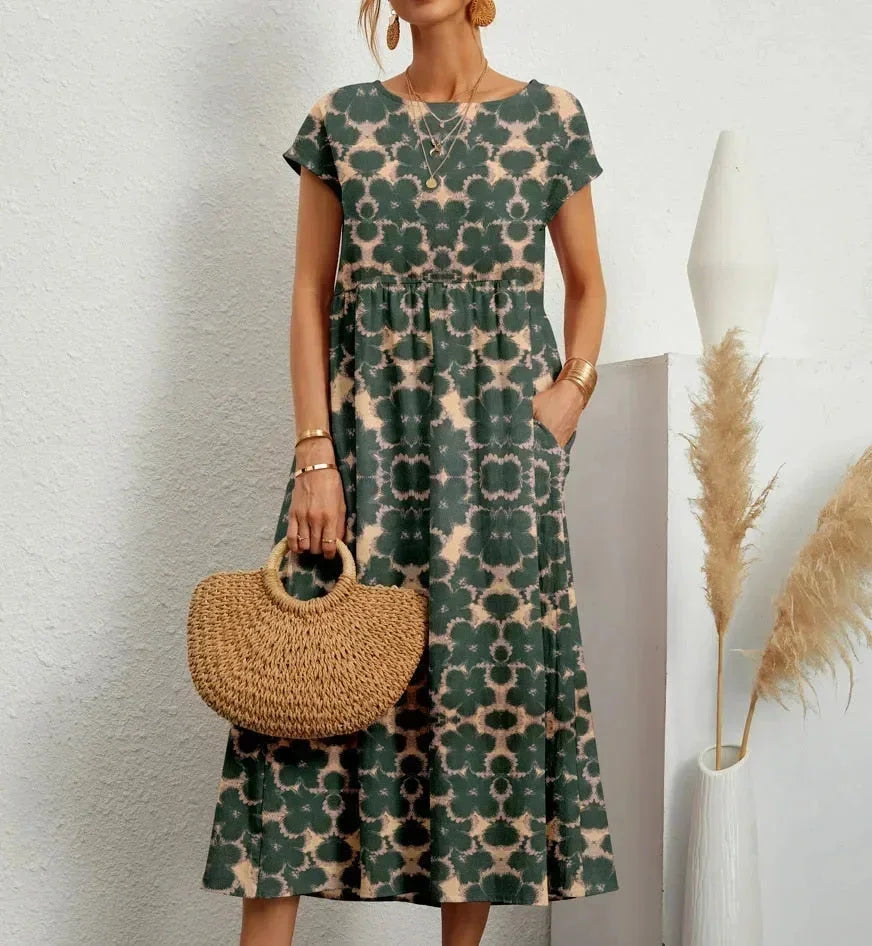Abito midi donna in cotone con stampa floreale e tasche