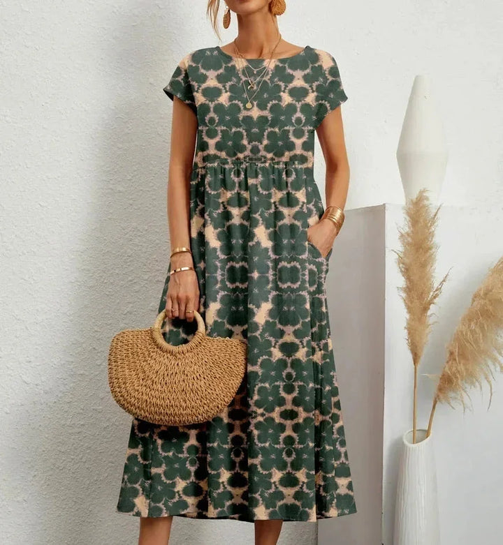 Abito midi donna in cotone con stampa floreale e tasche