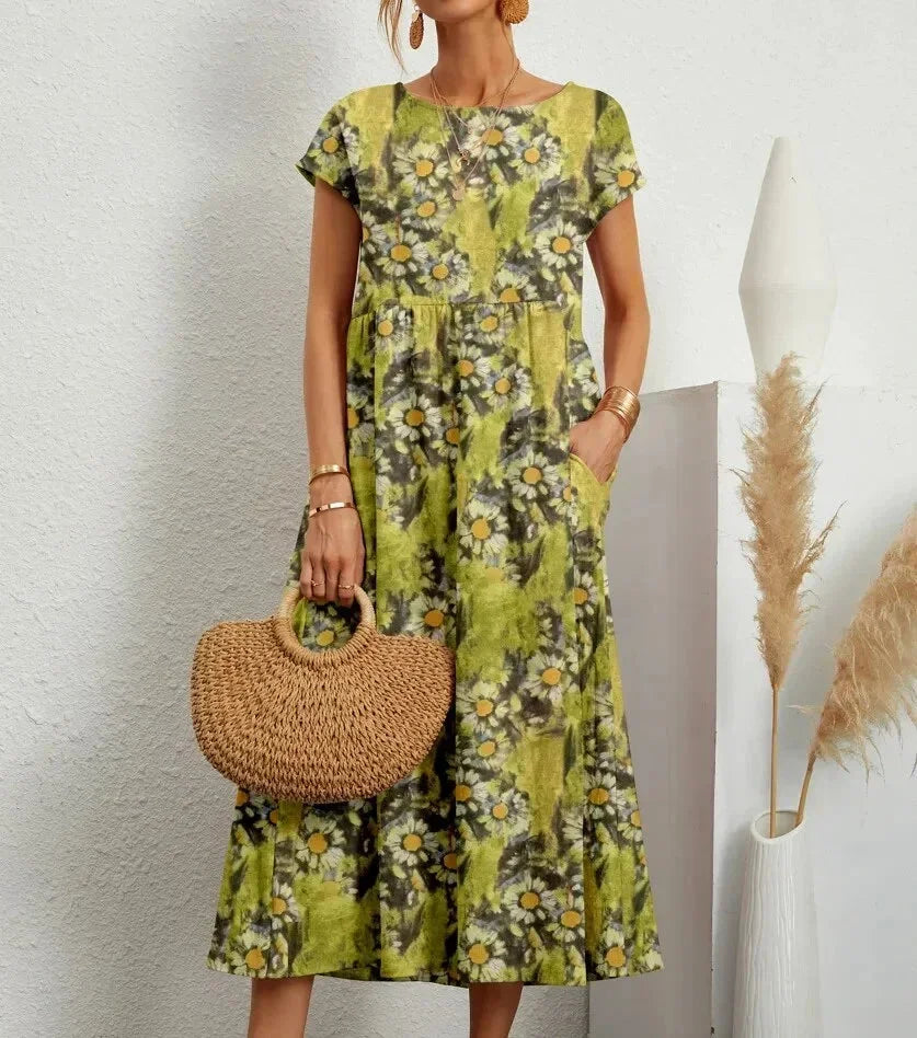 Abito midi donna in cotone con stampa floreale e tasche