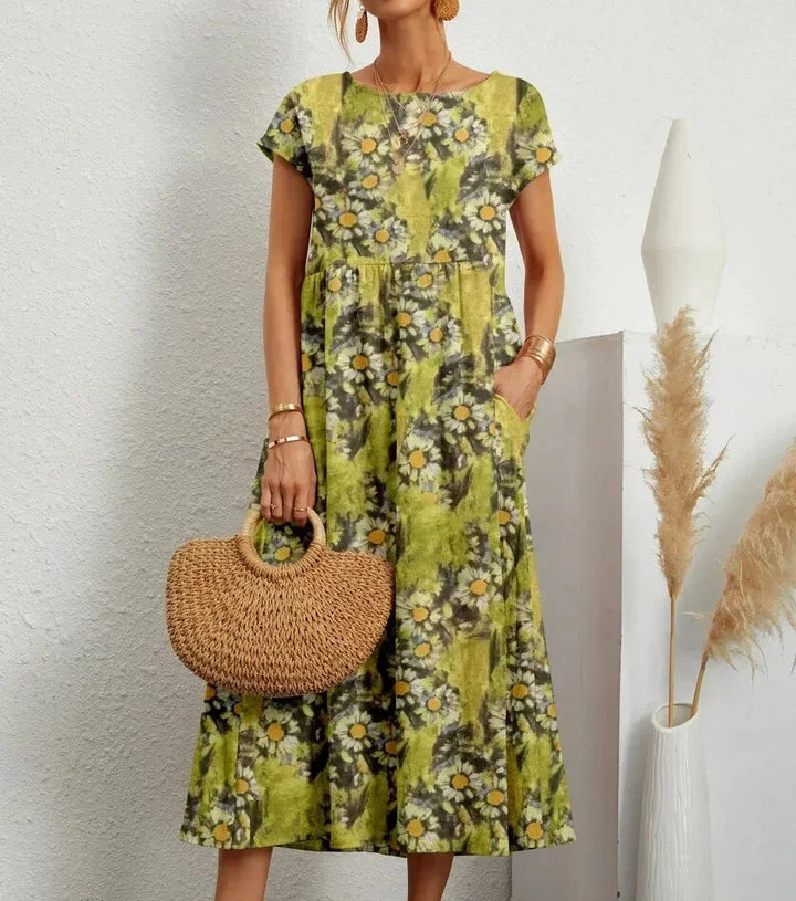 Abito midi donna in cotone con stampa floreale e tasche