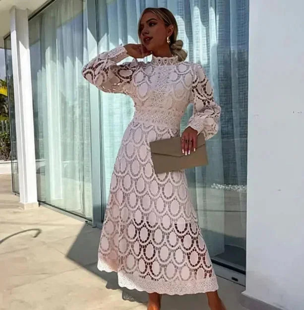Abito midi donna in pizzo a maniche lunghe elegante