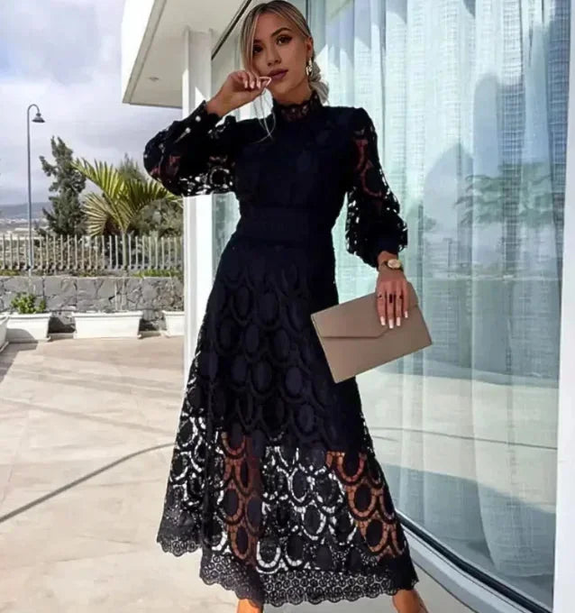 Abito midi donna in pizzo a maniche lunghe elegante