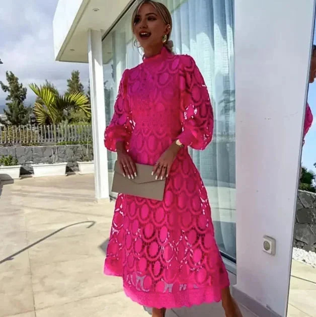 Abito midi donna in pizzo a maniche lunghe elegante