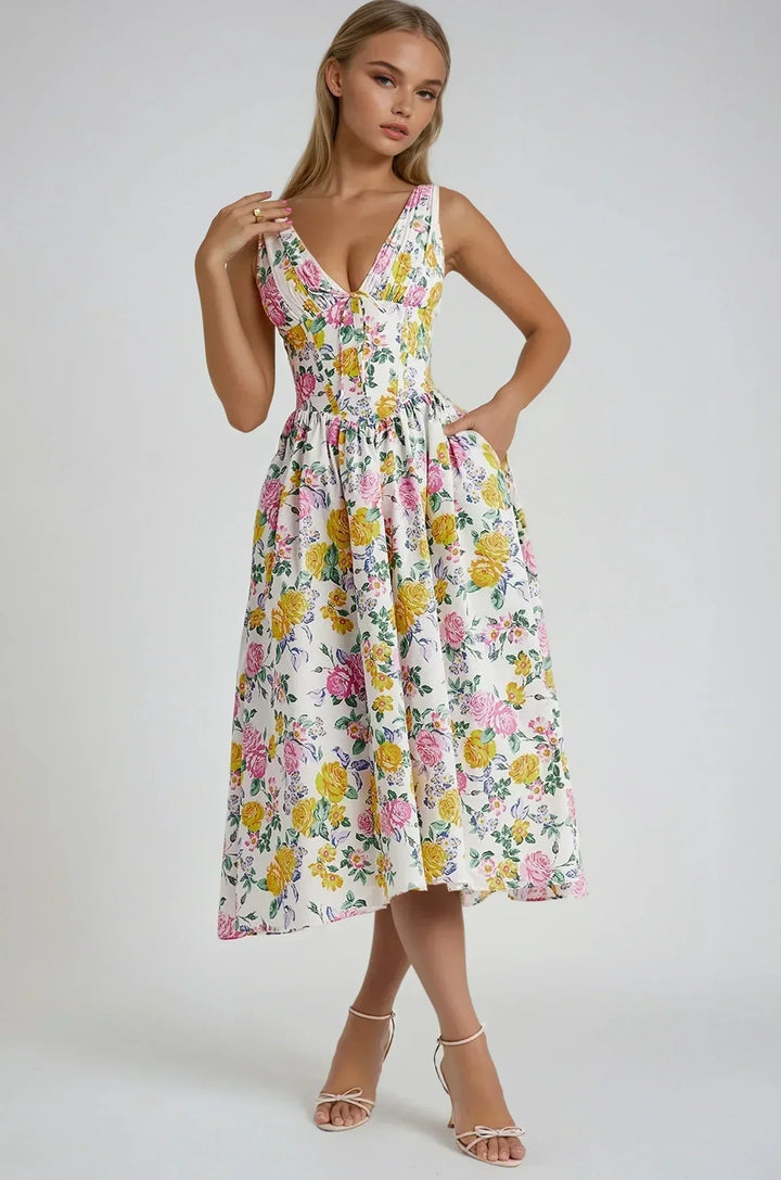 Abito midi donna floreale con spalline