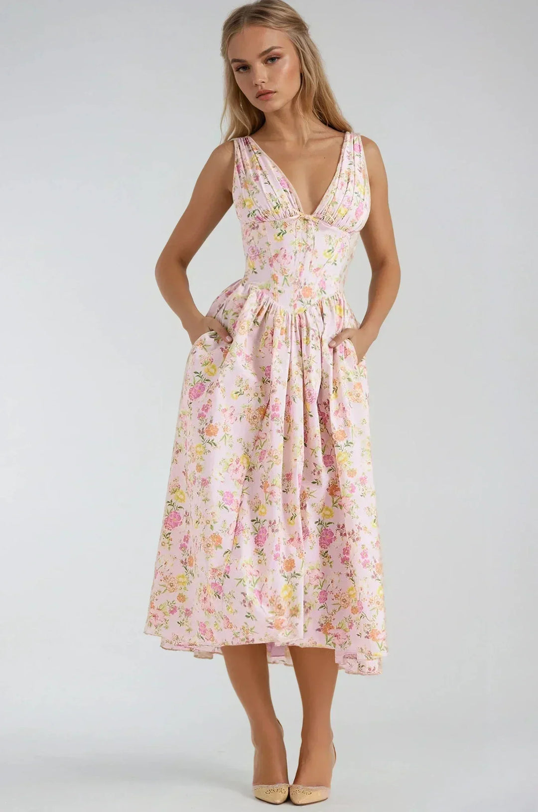 Abito midi donna floreale con spalline