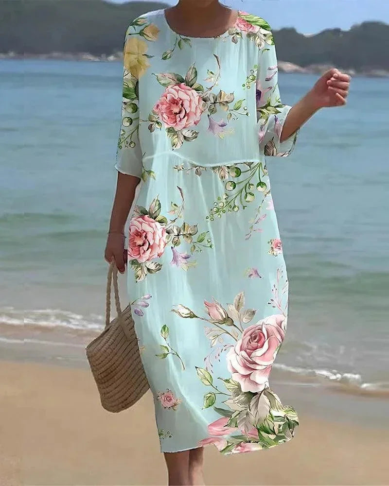 Abito midi donna a motivi vari maniche a metà braccio da spiaggia