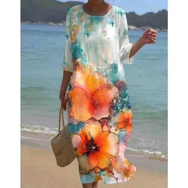 Abito midi donna a motivi vari maniche a metà braccio da spiaggia