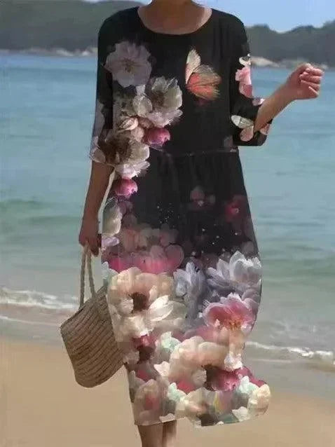 Abito midi donna a motivi vari maniche a metà braccio da spiaggia