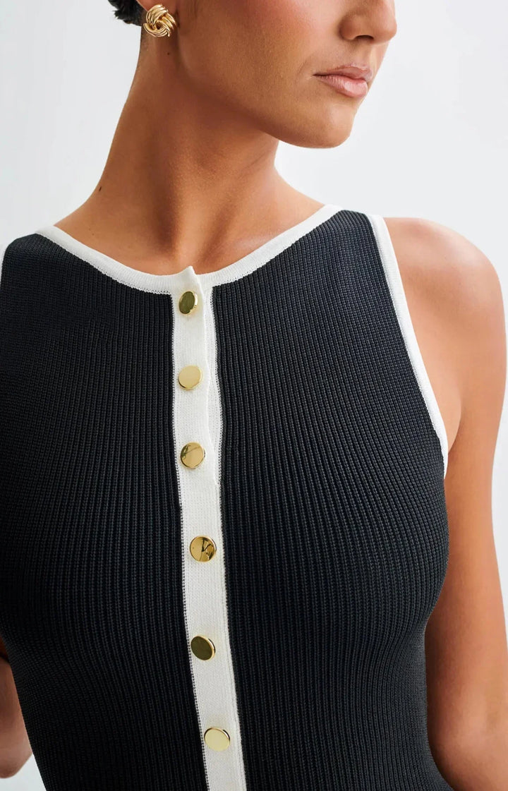 Abito midi donna nero con bottoni a contrasto