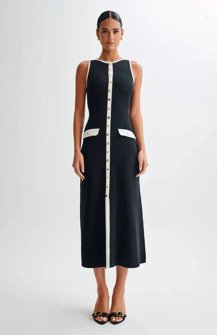 Abito midi donna nero con bottoni a contrasto