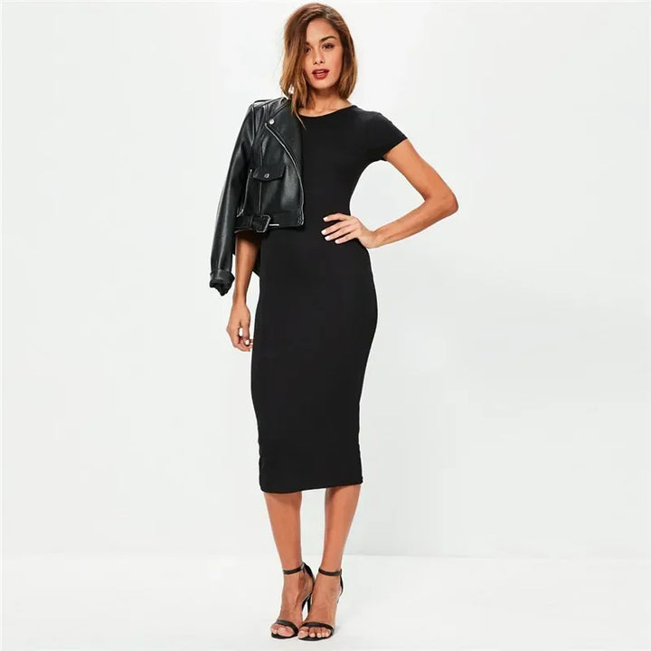 Vestito midi donna nero aderente con maniche corte