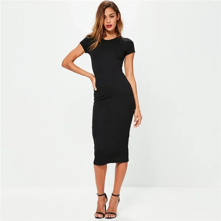 Vestito midi donna nero aderente con maniche corte