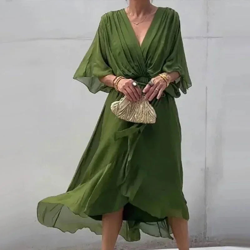 Abito midi donna incrociato con scollo a V e laccio in vita