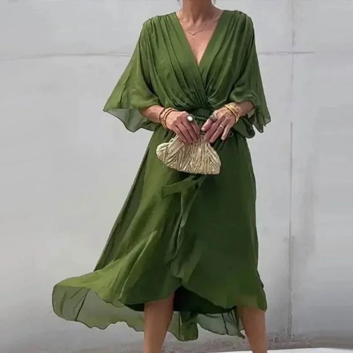 Abito midi donna incrociato con scollo a V e laccio in vita