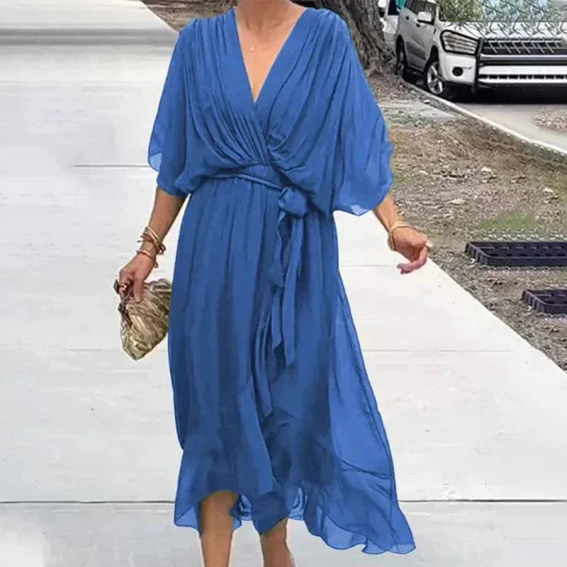 Abito midi donna incrociato con scollo a V e laccio in vita